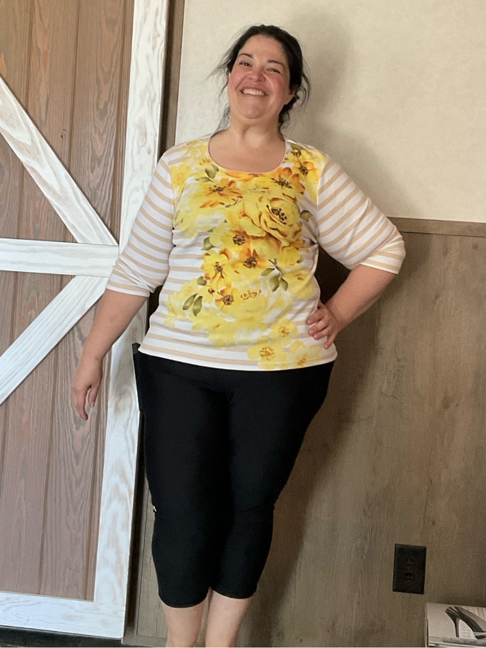 Yellow Floral Stripe Scoop Neck Women’s Top